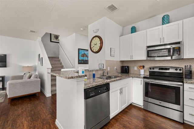 5372 Diplomat Ct Unit 108, Kissimmee, FL 34746 - kitchen featuring appliances with stainless steel finishes, a peninsula, light stone countertops, open floor plan, and dark wood-style flooring