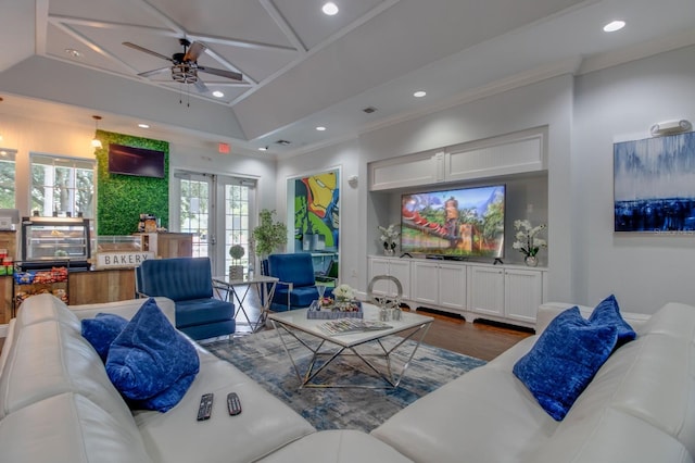 5372 Diplomat Ct Unit 108, Kissimmee, FL 34746 - living area featuring recessed lighting, ceiling fan, ornamental molding, dark wood finished floors, and french doors