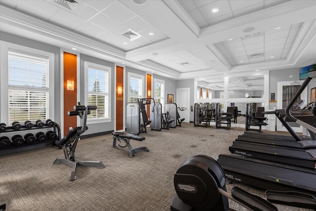 4710 Terrasonesta Dr, Davenport, FL 33837 - workout area featuring carpet, coffered ceiling, and recessed lighting