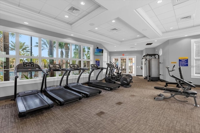 4710 Terrasonesta Dr, Davenport, FL 33837 - exercise room featuring carpet flooring, ornamental molding, recessed lighting, and coffered ceiling