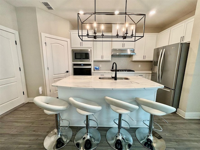 1399 Greenfield Loop, Kissimmee, FL 34747 - kitchen featuring stainless steel appliances, under cabinet range hood, dark wood-style flooring, light stone countertops, and white cabinets