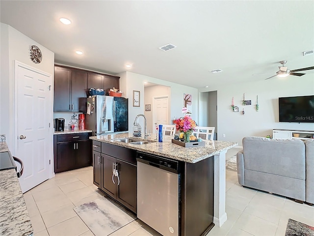 509 Mckenna Dr, Winter Haven, FL 33881 - kitchen featuring appliances with stainless steel finishes, open floor plan, light tile patterned flooring, a ceiling fan, and recessed lighting