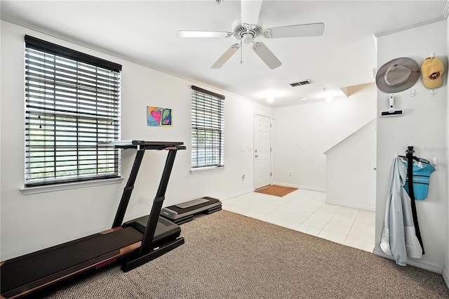 742 Centervale Dr Unit 742, Celebration, FL 34747 - workout area featuring carpet flooring, a ceiling fan, tile patterned flooring, and crown molding
