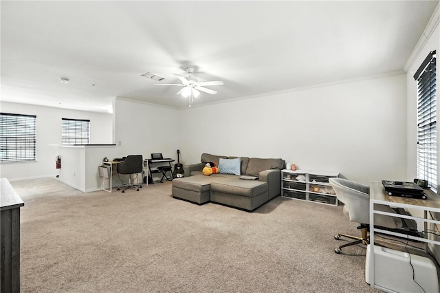 742 Centervale Dr Unit 742, Celebration, FL 34747 - carpeted living room with an office area, ceiling fan, and ornamental molding