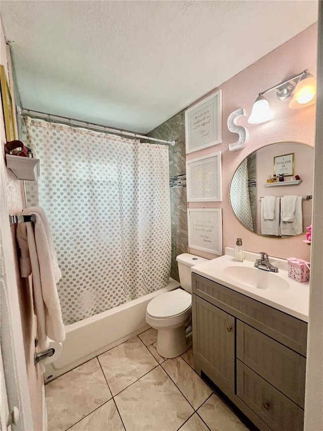 712 Cockatoo Ct, Kissimmee, FL 34759 - bathroom with vanity, shower / bath combination with curtain, tile patterned flooring, and a textured ceiling