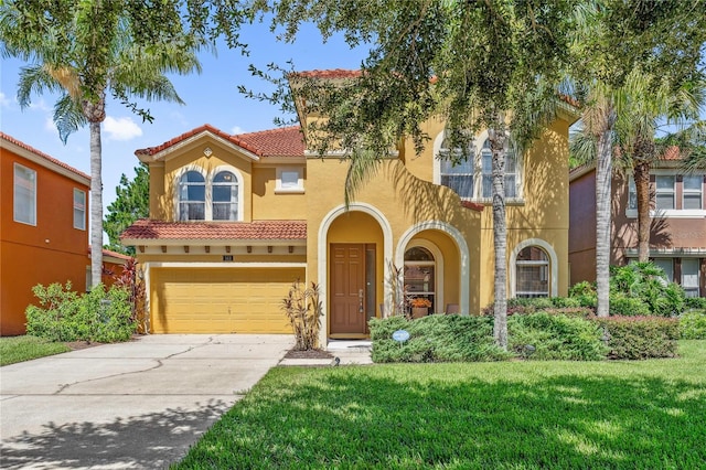 143 Tiger Lily Ct, Davenport, FL 33837 - mediterranean / spanish house featuring a tile roof, stucco siding, driveway, an attached garage, and a front lawn