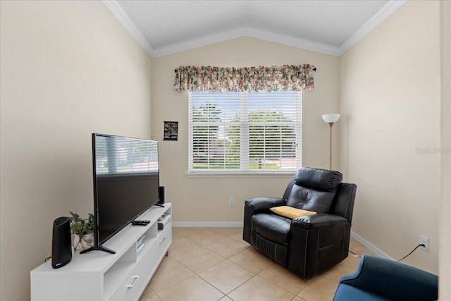 2511 Nouveau Way, Kissimmee, FL 34741 - living area with crown molding, light tile patterned floors, and lofted ceiling