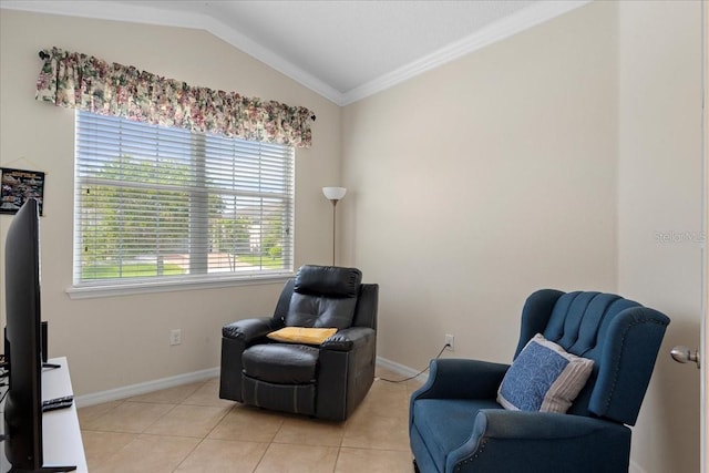 2511 Nouveau Way, Kissimmee, FL 34741 - living area featuring healthy amount of natural light, vaulted ceiling, crown molding, and light tile patterned floors