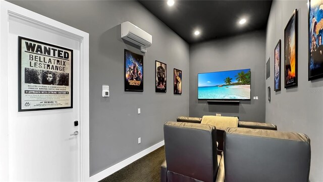 7551 Excitement Dr, Reunion, FL 34747 - home theater room featuring a wall mounted AC, dark carpet, and recessed lighting