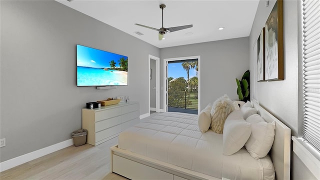 7551 Excitement Dr, Reunion, FL 34747 - bedroom with access to exterior, light wood-style floors, a ceiling fan, and recessed lighting