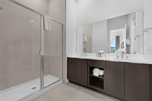 7740 Sandy Ridge Dr Unit 235, Reunion, FL 34747 - bathroom with tile patterned flooring, a stall shower, and double vanity