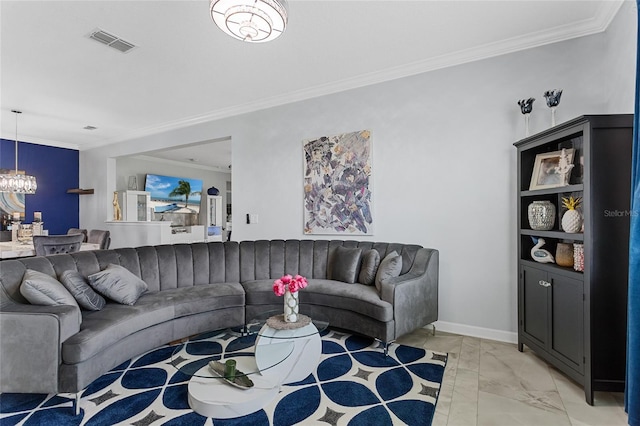 2215 Camden Park Ave, Davenport, FL 33837 - living room with crown molding, a chandelier, and light marble finish floors