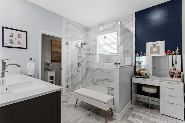 2215 Camden Park Ave, Davenport, FL 33837 - bathroom with marble look tiles, a marble finish shower, and double vanity