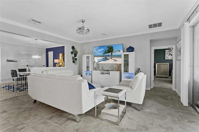 2215 Camden Park Ave, Davenport, FL 33837 - living room featuring marble finish floors, a chandelier, and ornamental molding
