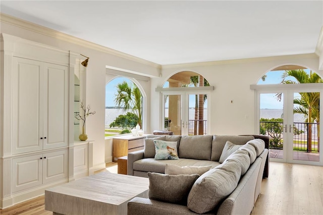 living room featuring ornamental molding, french doors, and light wood-type flooring