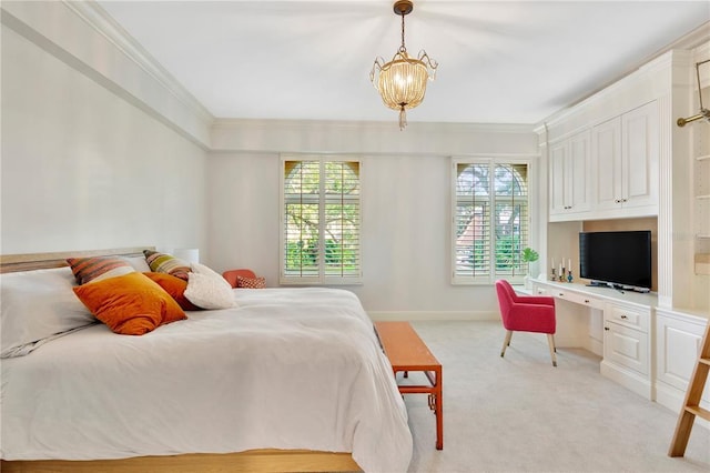 carpeted bedroom with a notable chandelier, ornamental molding, and multiple windows