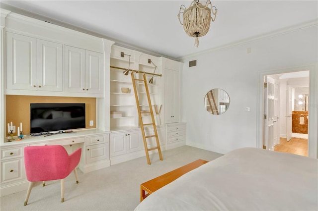 bedroom featuring a notable chandelier, light carpet, and crown molding