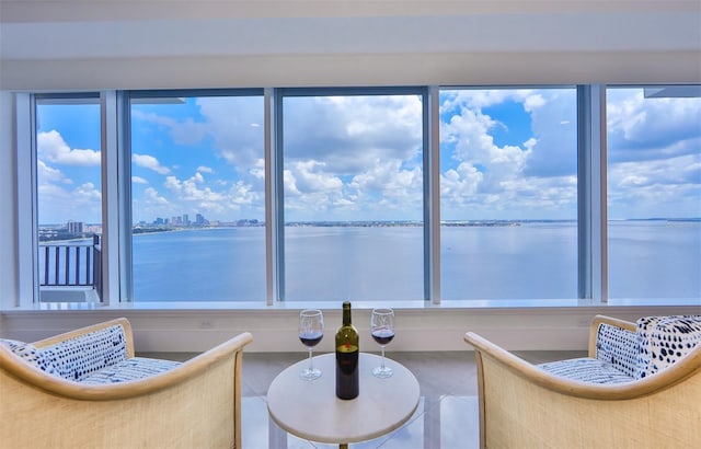 living area featuring a water view and plenty of natural light