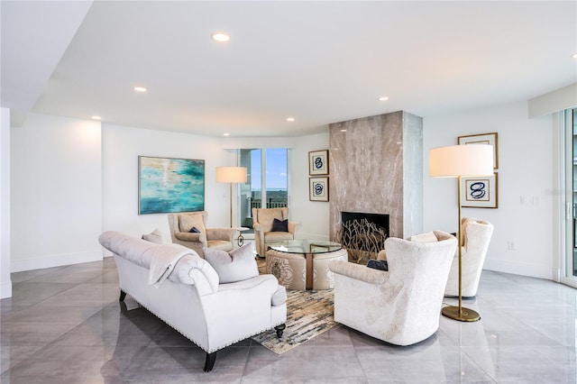 living room with a large fireplace