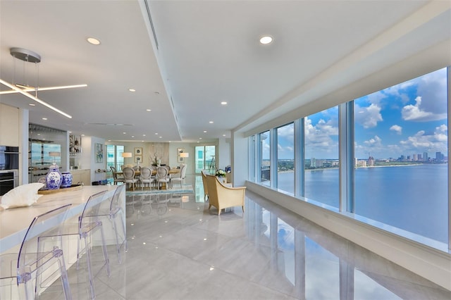 interior space with a water view