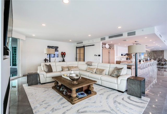 living room with a barn door