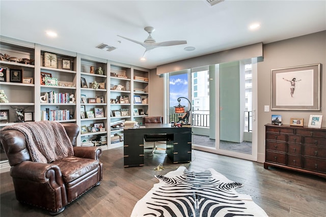 office area featuring hardwood / wood-style flooring and ceiling fan