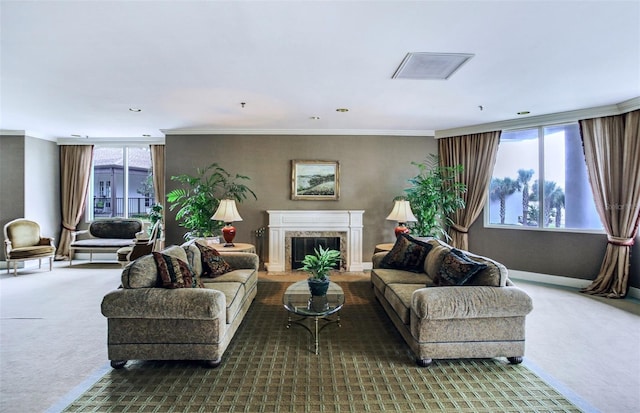 carpeted living room with a premium fireplace and ornamental molding