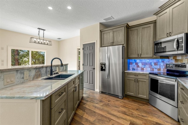 kitchen with dark hardwood / wood-style flooring, decorative backsplash, sink, appliances with stainless steel finishes, and decorative light fixtures