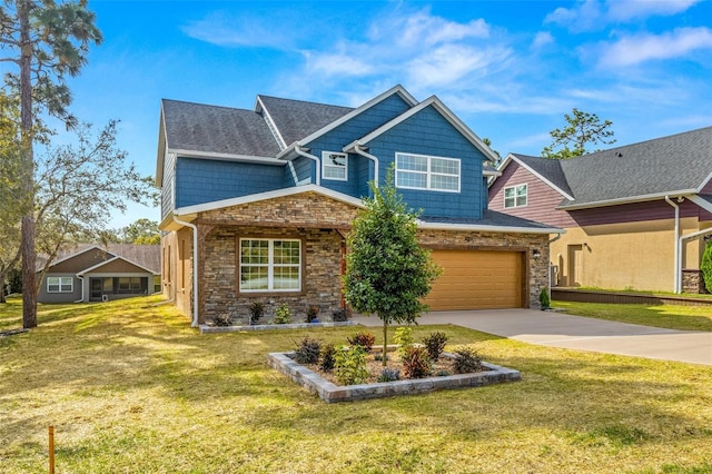 craftsman-style home featuring a garage and a front yard