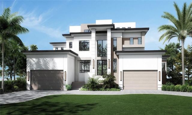 modern home with an attached garage, a front lawn, decorative driveway, and stucco siding