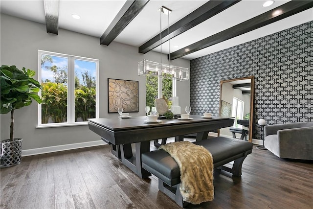 dining area featuring beamed ceiling, plenty of natural light, and dark wood-type flooring