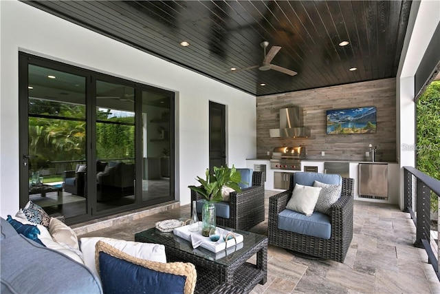 view of patio / terrace with an outdoor living space, grilling area, area for grilling, and ceiling fan