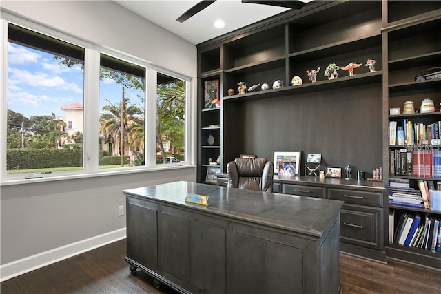 office space featuring ceiling fan and dark wood-type flooring