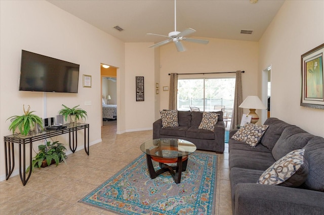 living room featuring ceiling fan, high vaulted ceiling, and light tile patterned floors