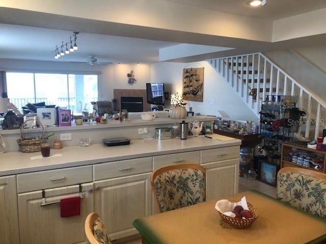 kitchen featuring rail lighting and ceiling fan