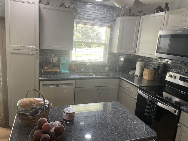 kitchen with stainless steel appliances, sink, dark stone counters, and tasteful backsplash