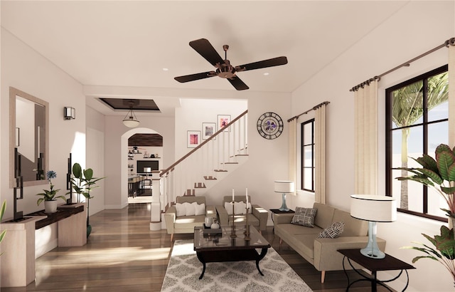 living room with dark hardwood / wood-style floors and ceiling fan