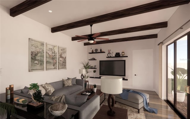 living room with beam ceiling, wood-type flooring, and ceiling fan