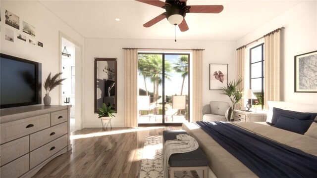 bedroom with dark hardwood / wood-style floors and ceiling fan