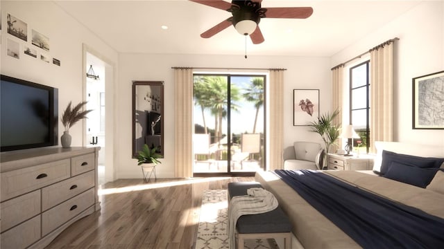 bedroom with ceiling fan and dark wood-type flooring