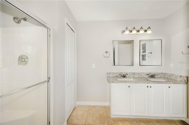 bathroom featuring tile patterned floors, vanity, and walk in shower