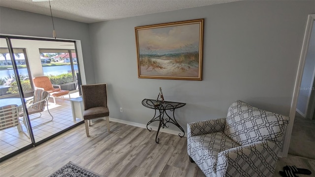 sitting room with light wood-type flooring and a textured ceiling