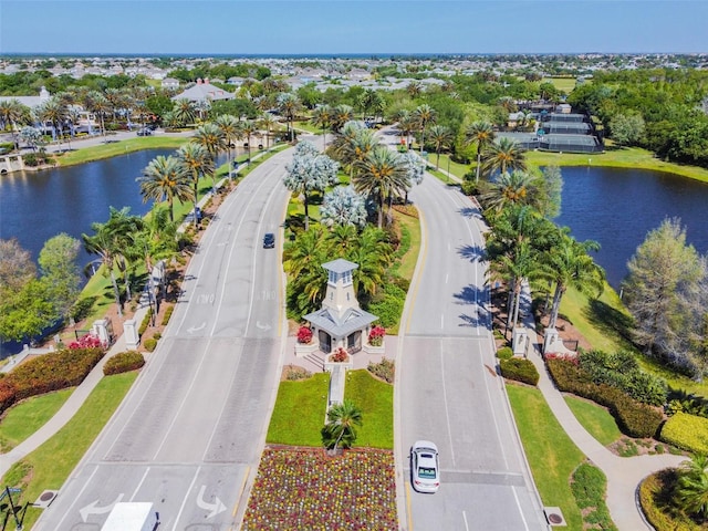 bird's eye view with a water view