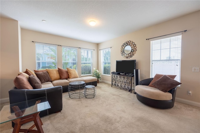 living room with light colored carpet