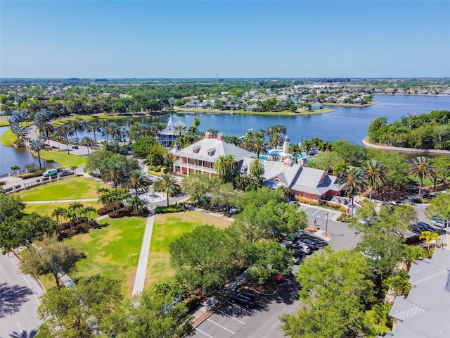 bird's eye view with a water view