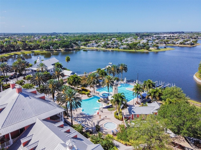 drone / aerial view with a water view