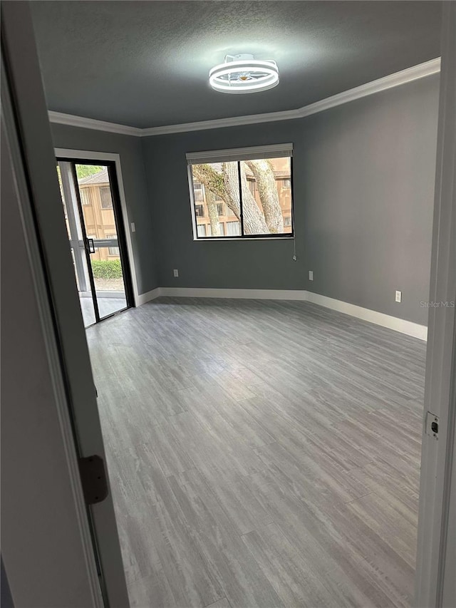 spare room with hardwood / wood-style flooring, a textured ceiling, and ornamental molding