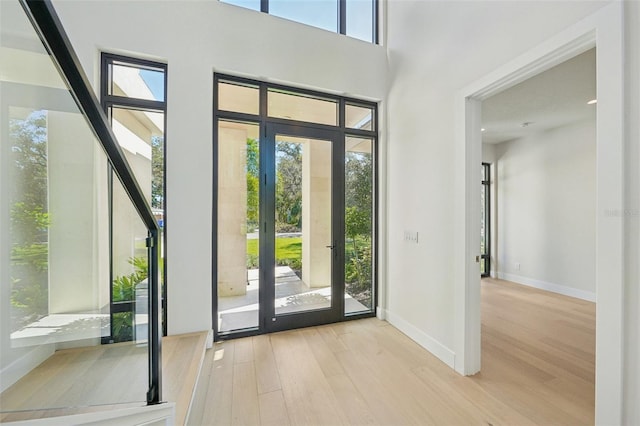 doorway featuring light hardwood / wood-style flooring, a healthy amount of sunlight, and a high ceiling