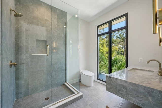 bathroom featuring plenty of natural light, toilet, an enclosed shower, and sink