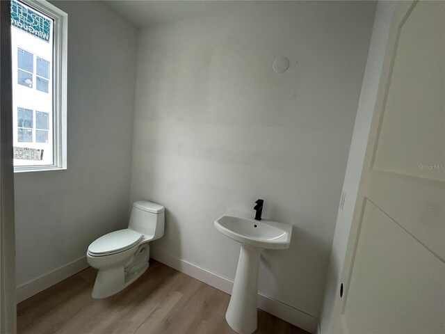 bathroom with hardwood / wood-style flooring and toilet